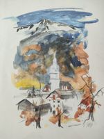 Winterliches Aquarell: Schweizer Dorf mit Bergpanorama