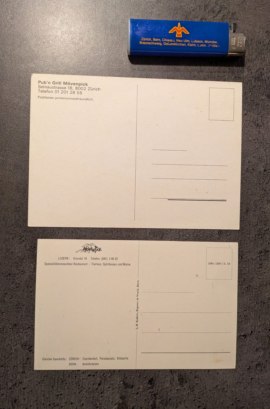 Cartes postales: 2 Mövenpick Postkarten + 1 Feuerzeug Mövenpick – D'occasion à Zetzwil par Stritzi 1