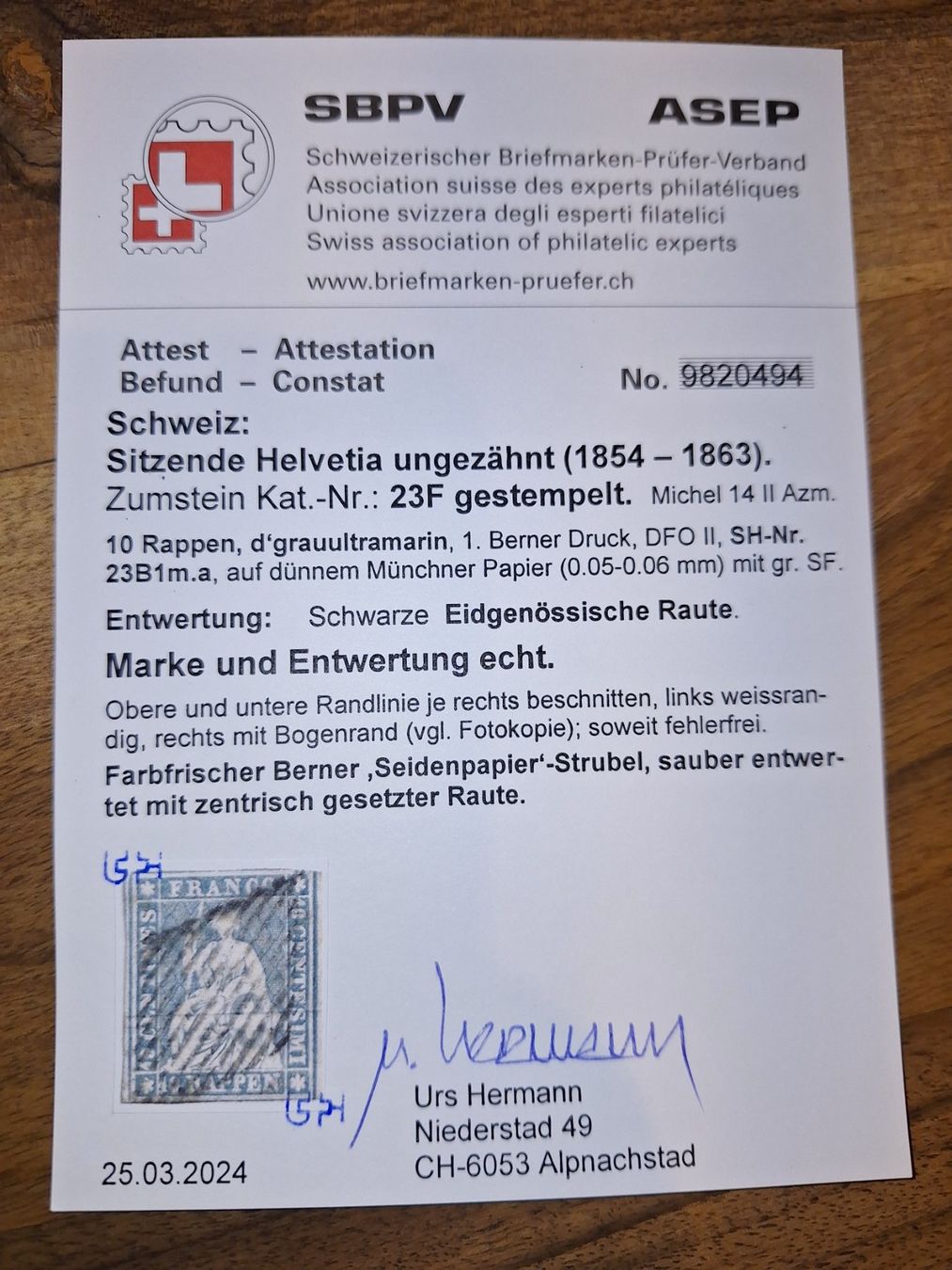 Alle Briefmarken: Strubel 23F / 23B1m.a mit Attest Kat. 1300.- – Gebraucht aus Balgach von SIMEON27 2