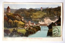 Antike Ansichtkarte Fribourg, les 2 ponts suspendus, 1905