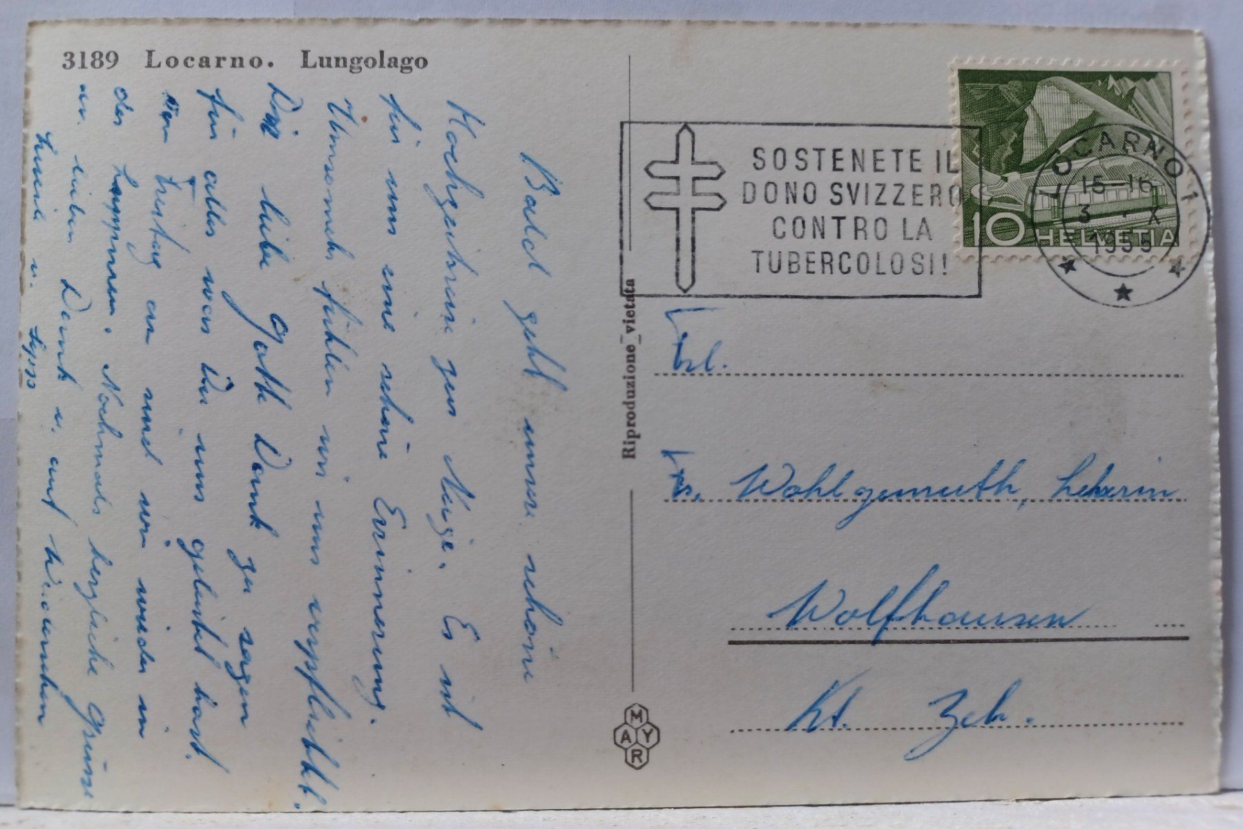 Cartoline postali: TI, No. 3189, Locarno, LUNGOLAGO, 1955, – Usato da Aarau Rohr venduto da mgvw 1