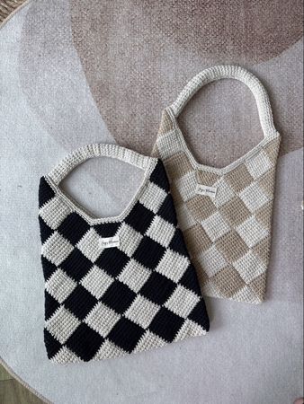 Crocheted Bag Black White Checkered Pattern Handbag