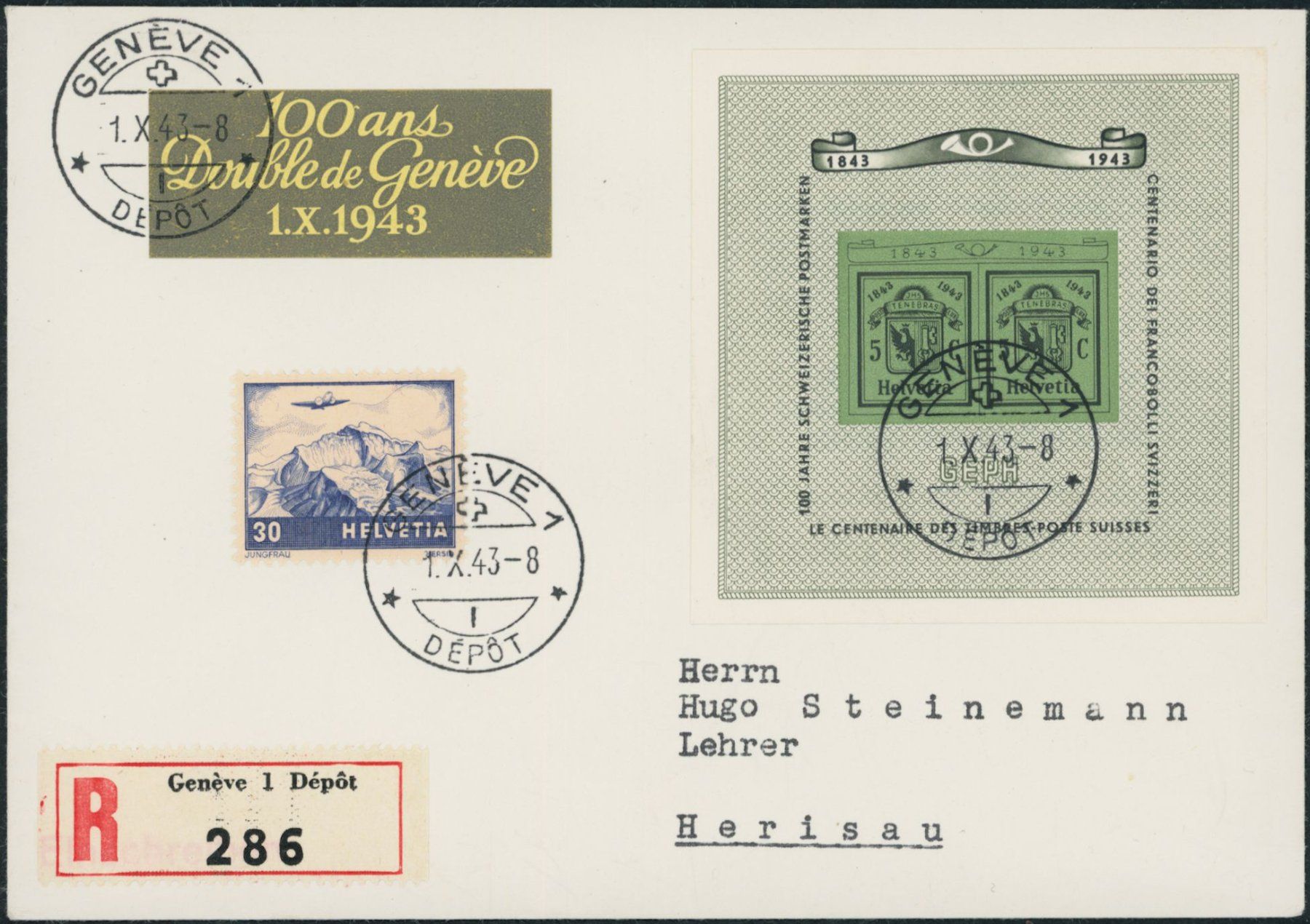 Tutti i francobolli: 1943 - Genf - Naba - Block - Brief - Gaudard – Usato da Schindellegi venduto da leecollect