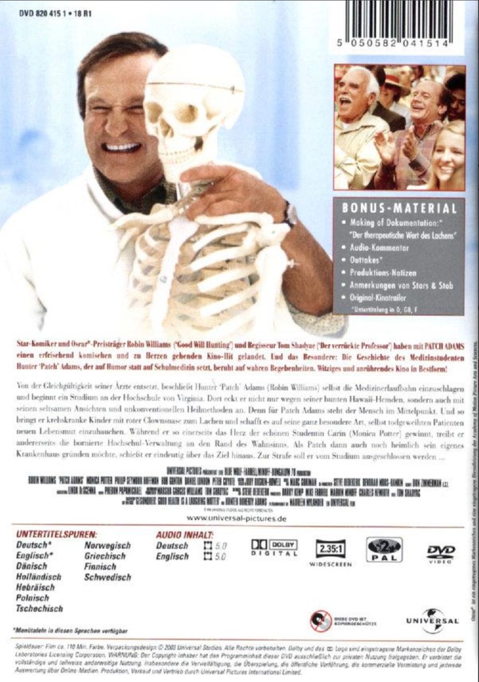 Tutti i DVDs: Patch Adams - Ein Doktor mit Herz (neu & ovp) Robin Williams – Nuovo e nell'imballaggio originale da Brunnen venduto da Barfly5 1