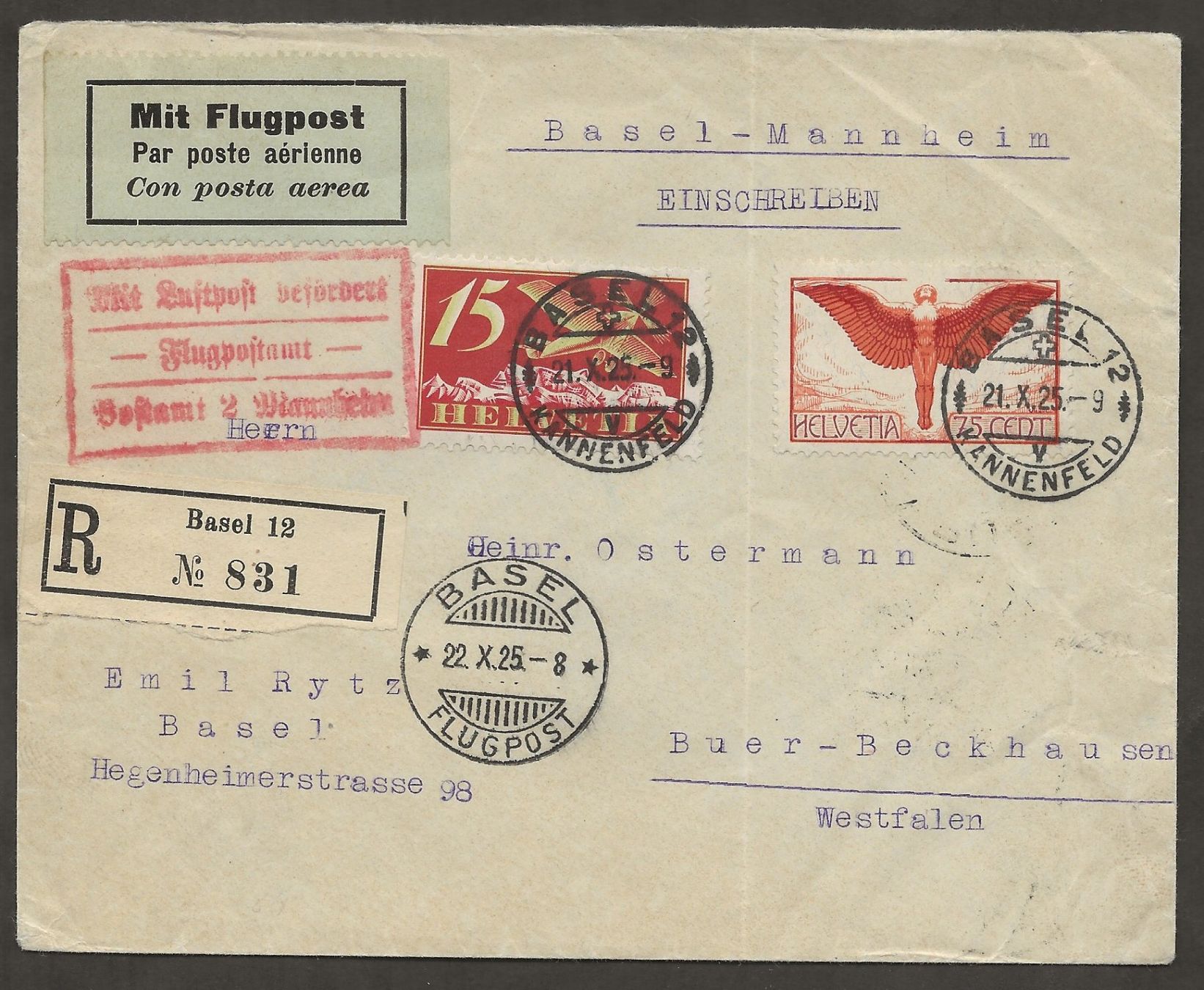 Tous les timbres: Flugpost Schweiz 1925 Basel Mannheim Luftpost – D'occasion à Au ZH par xelagreb01