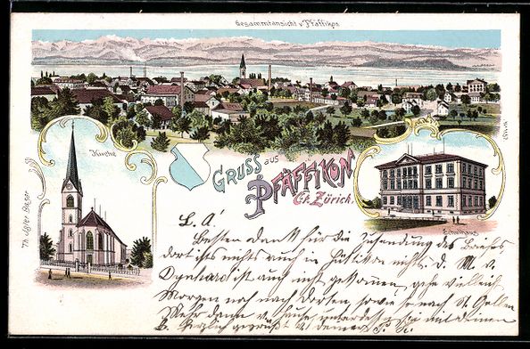 Cartoline postali: Pfäffikon /Zürich, Schulhaus, Kirche,  – Usato da Berlin venduto da bartko-reher