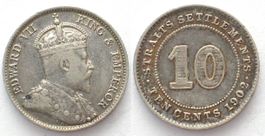 STRAITS SETTLEMENTS 10 Cents 1902 EDWARD VII. Silber