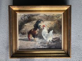 Hühner, Öl auf Malkarton wohl Georges-Maurice Caveng, Bernex