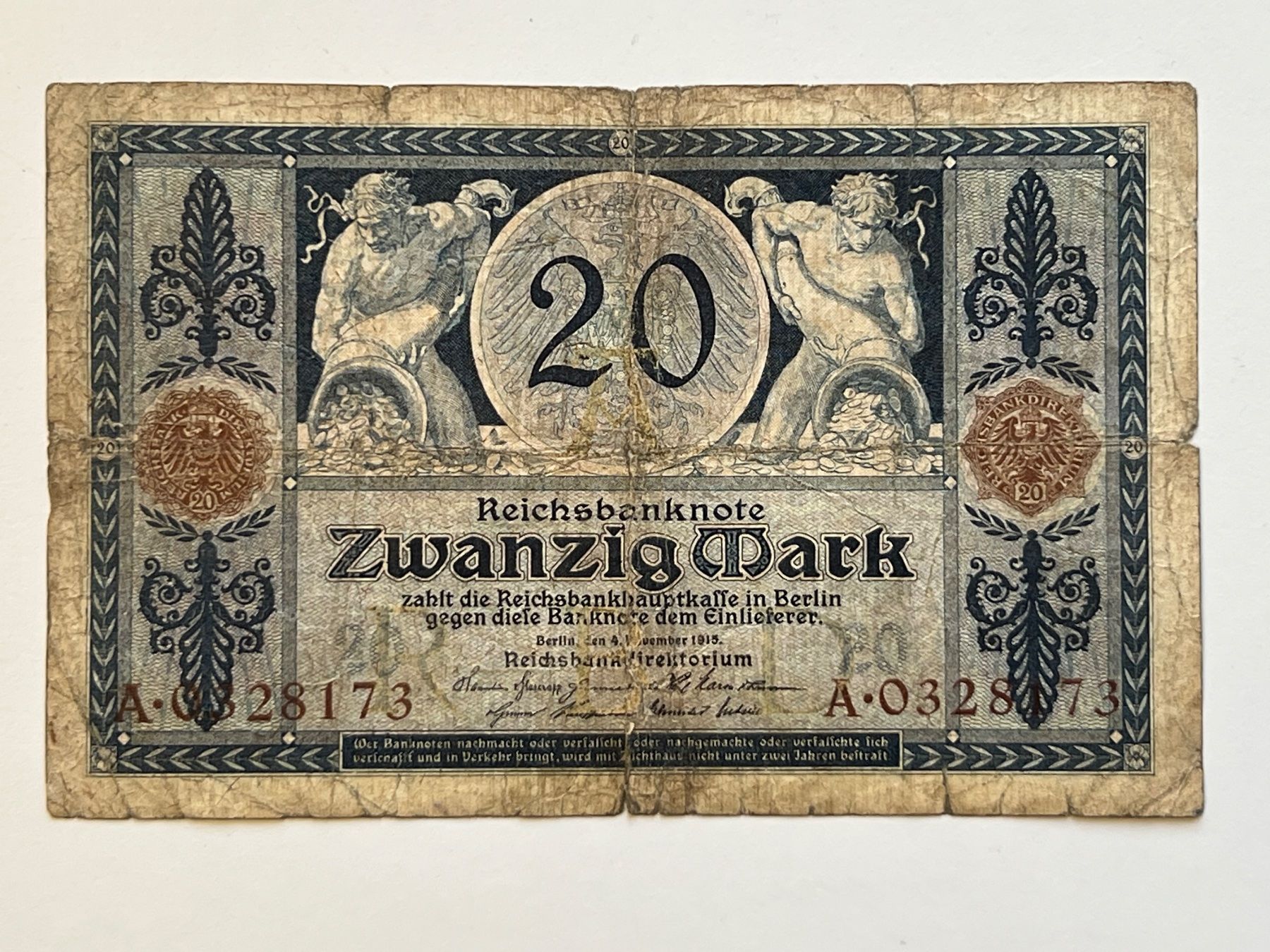 Banconote: Reichsbanknote Zwanzig Mark 1918 A-0328173 – Usato da Wollerau venduto da Sammler-Ecke 1