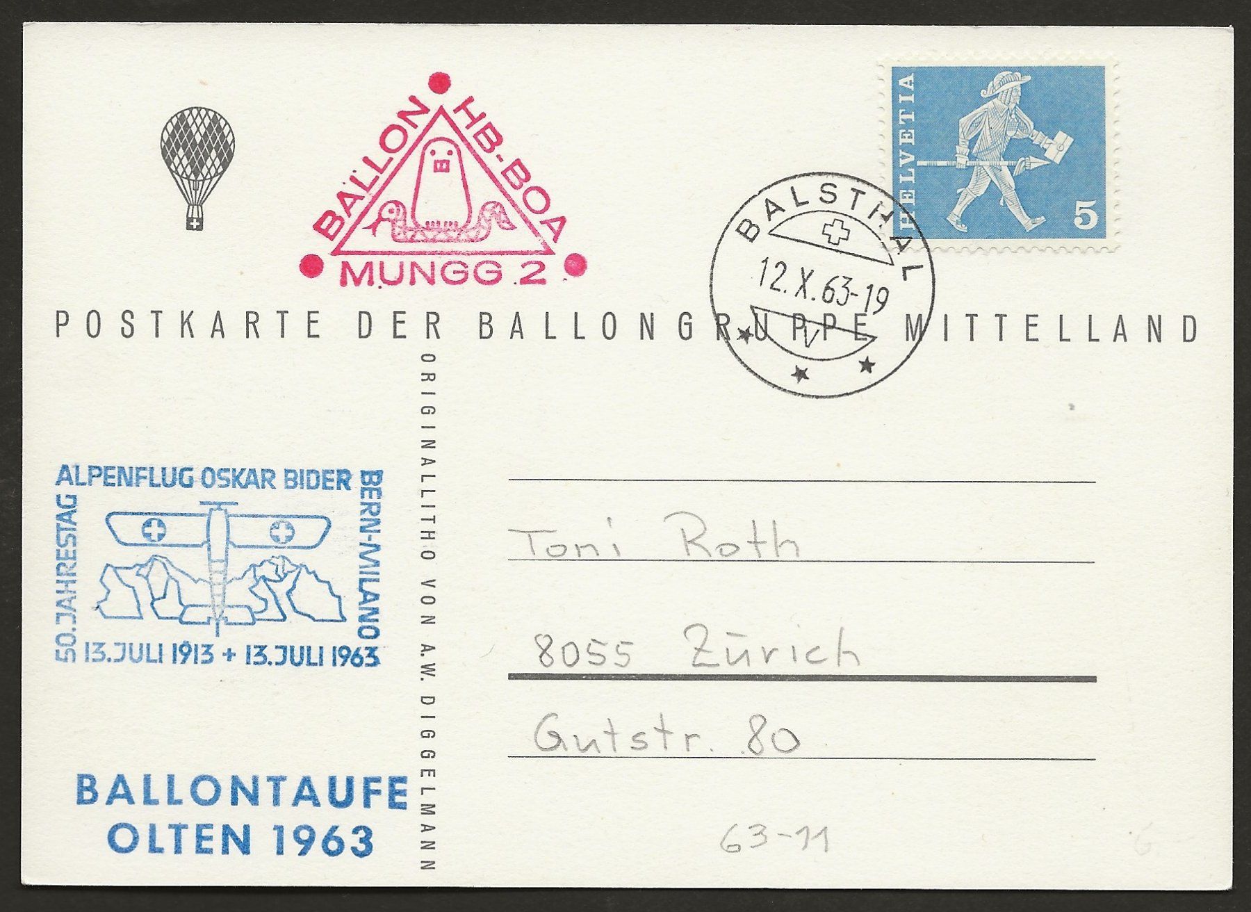 Alle Briefmarken: Ballon 1963 Schweiz Olten Balsthal Luftpost – Gebraucht aus Au ZH von xelagreb01