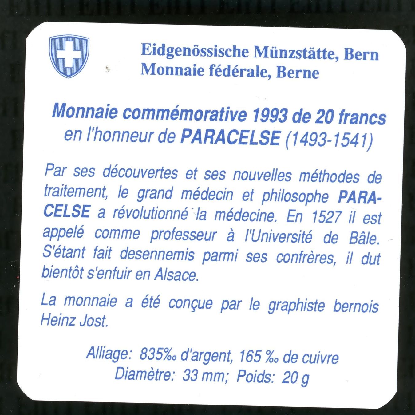 Tutti le monete: CHF__20.00 1993 Paracelsus PP 20 Franken – Nuovo e nell'imballaggio originale da Widnau venduto da Elf11 3