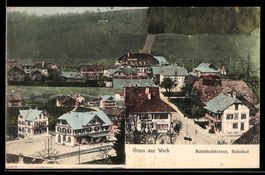 AK Worb, Ortsansicht mit Bahnhof und Bahnhofstrasse