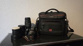 Sony Alpha SLT-A55 Komplettset mit 4 Objektiven, Kameratasch