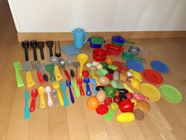grosses Spielküchen-Zubehör-Set: Pfannen, Geschirr, Früchte!