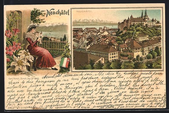 Ansichtskarten: Litho Neuchatel, Dame beim Schreiben, Or – Gebraucht aus Berlin von bartko-reher