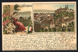Litho Neuchatel, Dame beim Schreiben, Or