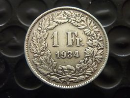 1 Fr. 1934 rar nur 0,50 Mio. Prägungen.  -  ungereinigt  -