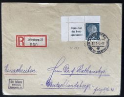 Deutsches Reich Einschreiben Brief Nürnberg 1942 WW2