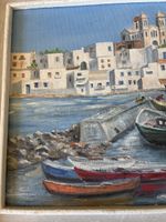 Peinture paysage marin avec bateaux et village grec 