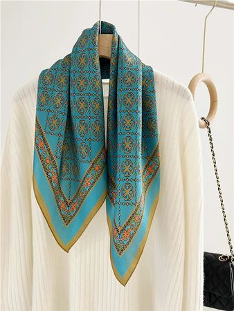 New 68cm 100% Silk Scarf Chain Pattern Teal Neckscarf