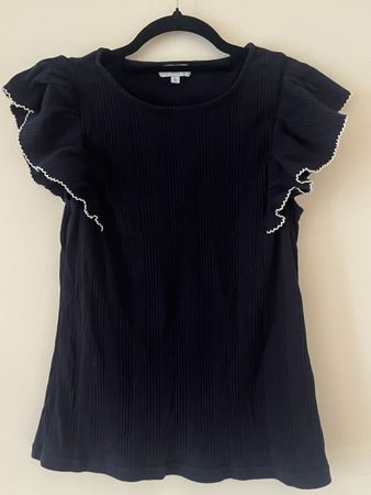 La Redoute Navy Ribbed Ruffle Sleeve Top - Size L 49