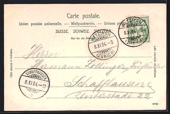 Cartoline postali: AK Wetzikon, Ortspartie mit Kirche, 1904 – Usato da Berlin venduto da bartko-reher 1