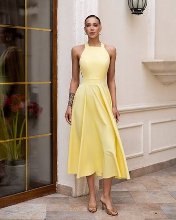 Yellow Elegant Midi Dress with Bow Size: S
