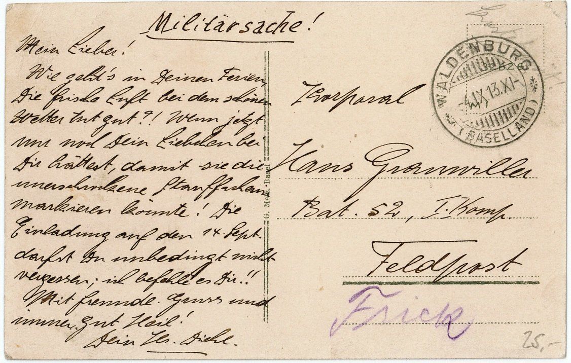 Cartoline postali: BL 97 Waldenburg 2 Bilder Pension Eden Feldpost 1913 – Usato da Fribourg venduto da philafri 1