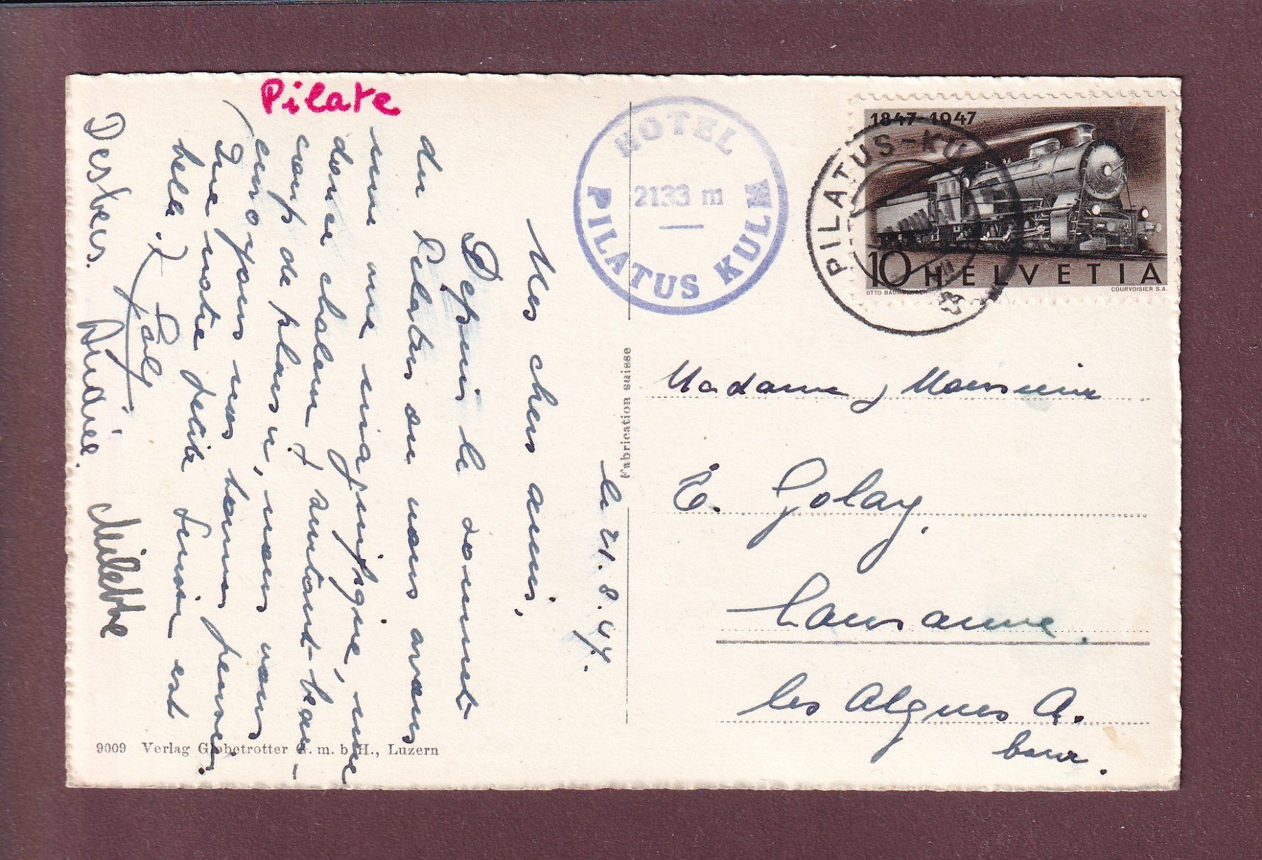 Cartoline postali: PILATUS-KULM - 1947 – Usato da Pully venduto da nicecards 1
