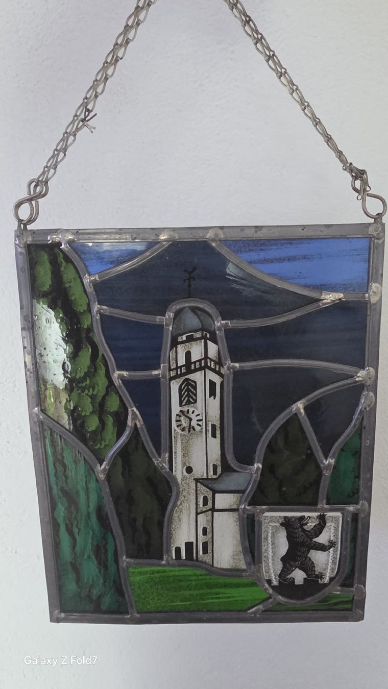 Altro in Antiquarato & Arte: Handgemachtes Glasbild mit Berner Wappen und Kirchturm – Usato da Chur venduto da madeiras