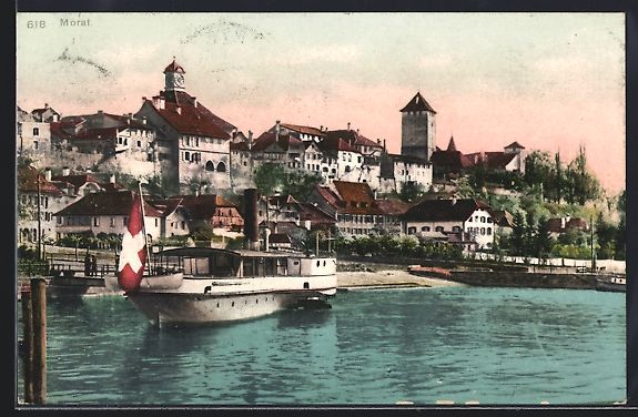 Cartes postales: AK Morat, Uferpartie mit Dampfboot, 1908 – D'occasion à Berlin par bartko-reher
