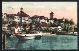 AK Morat, Uferpartie mit Dampfboot, 1908
