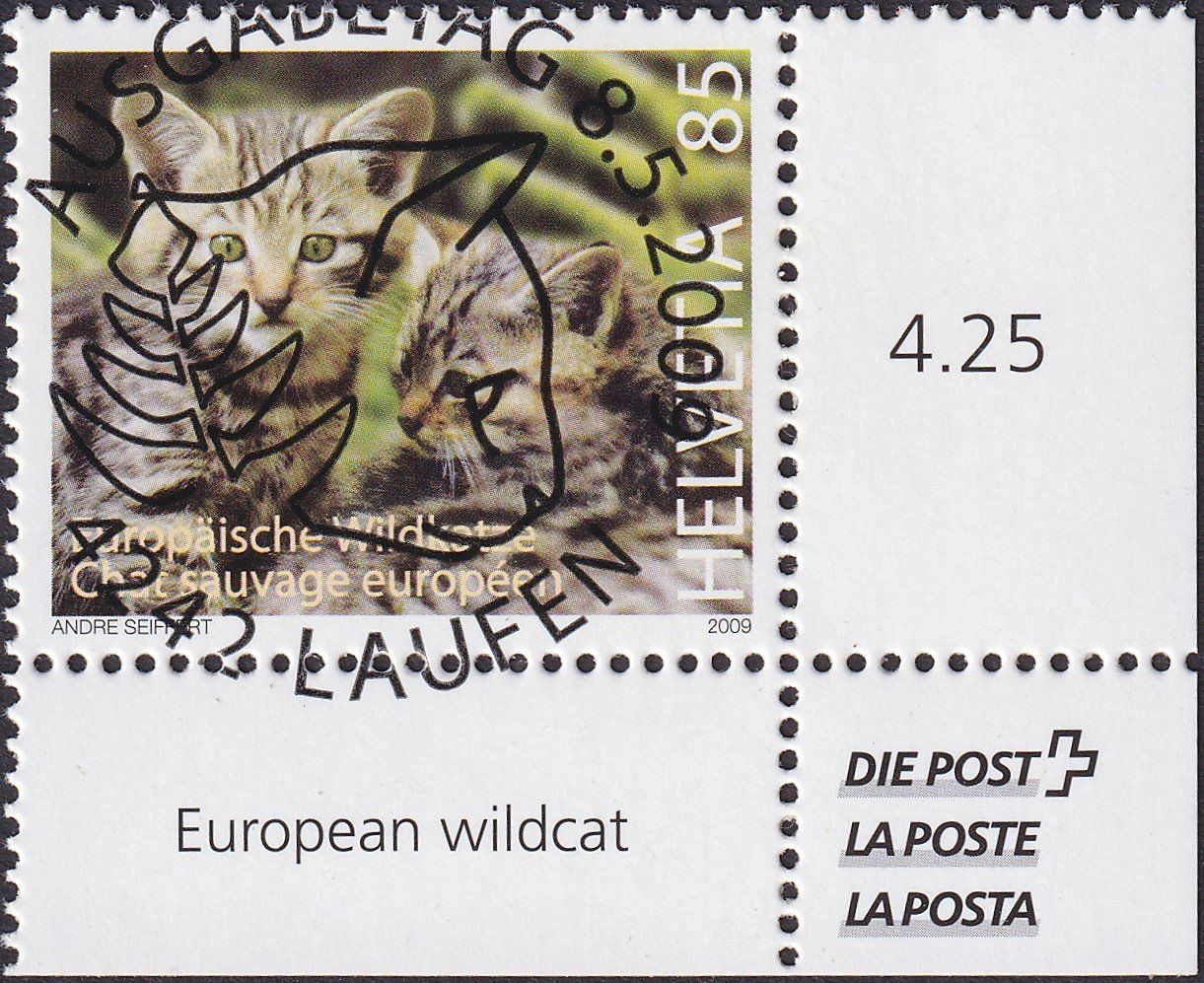 Tutti i francobolli: 2009, Nr.1313 "Wildkatze" mit ET-Voll-Stempel + ECKTABS. – Usato da Sursee venduto da Luzernerraute