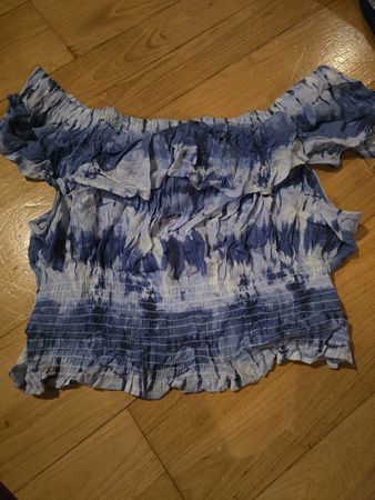 Sommer Top Chicoree, Grösse L, schulterfrei, blau/weiss