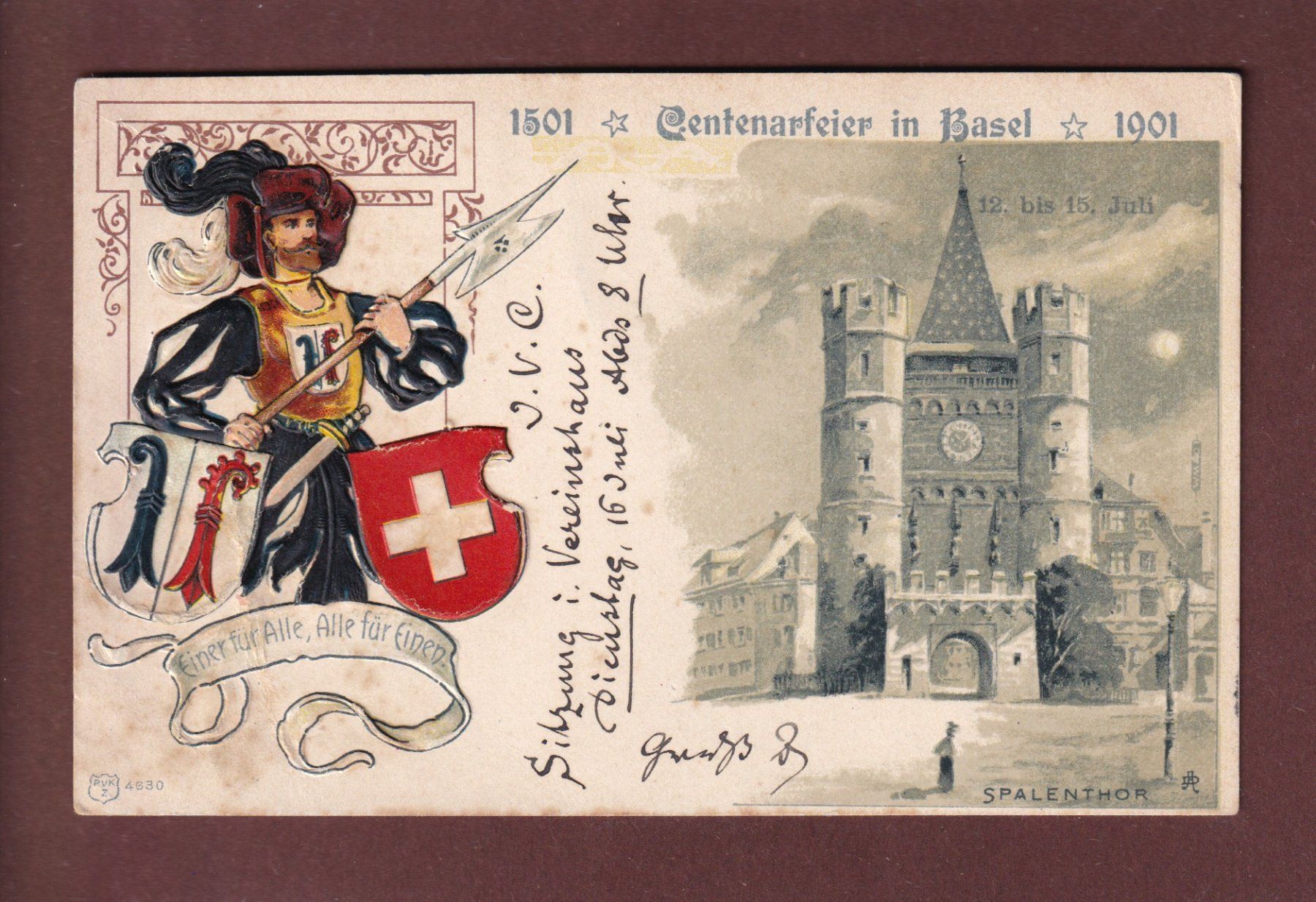 Cartoline postali: BASEL - Centenarfeier 1901 - Präge // Falte // – Usato da Pully venduto da nicecards