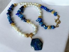 Neue Unikat 💎 Halskette mit Lapislazuli und Süßwasserperlen