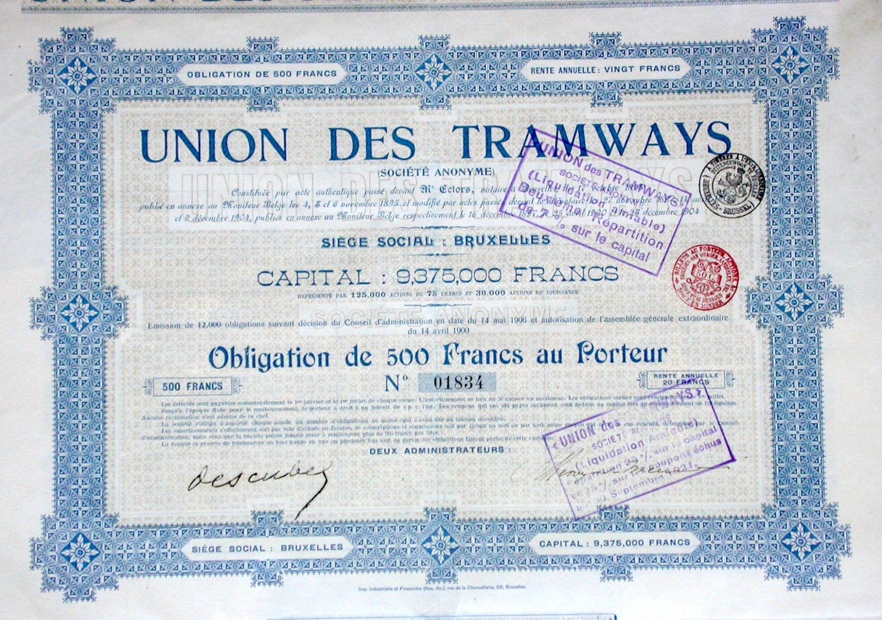 Documenti: Union des Tramways SA, Bruxelles - 1906 – Usato da Solothurn venduto da Sgasche
