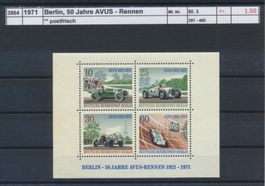 1971 Berlin, "50 Jahre AVUS - Rennen" - Block, ** postfrisch