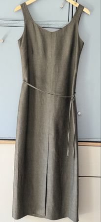 Leinen Viskose Kleid 36 Midi Maxikleid Olivgrau Moosgrün