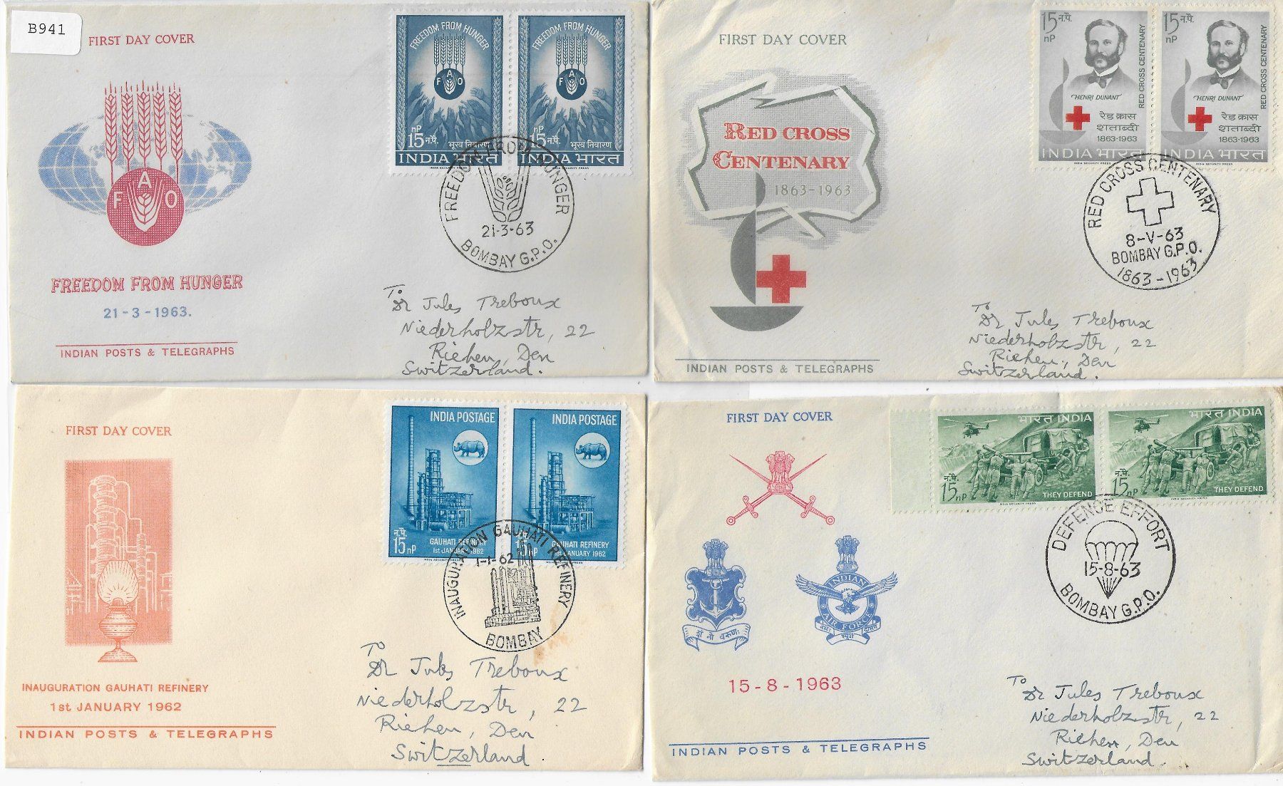 Alle Briefmarken: 4 FDC Indien – Gebraucht aus Ettingen von Kartenplanet