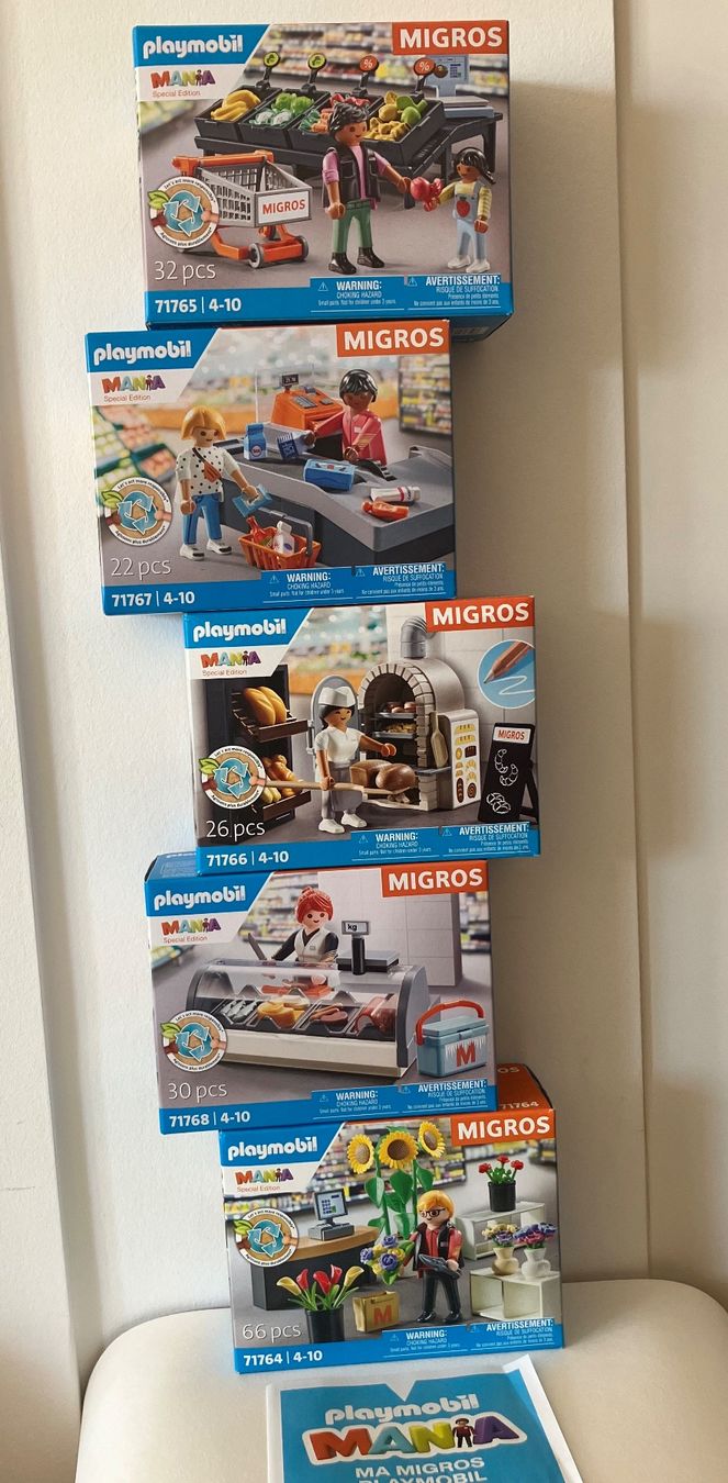 Playmobil Giocattoli: Playmobil MIGROS sets ref: 71764 bis 71768 – Nuovo e nell'imballaggio originale da CHENE-BOUGERIES venduto da homeswisshome