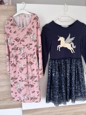 Mädchen Kleider Einhorn Mädchsenkleid Dunkelblau Rosa 2 Stck