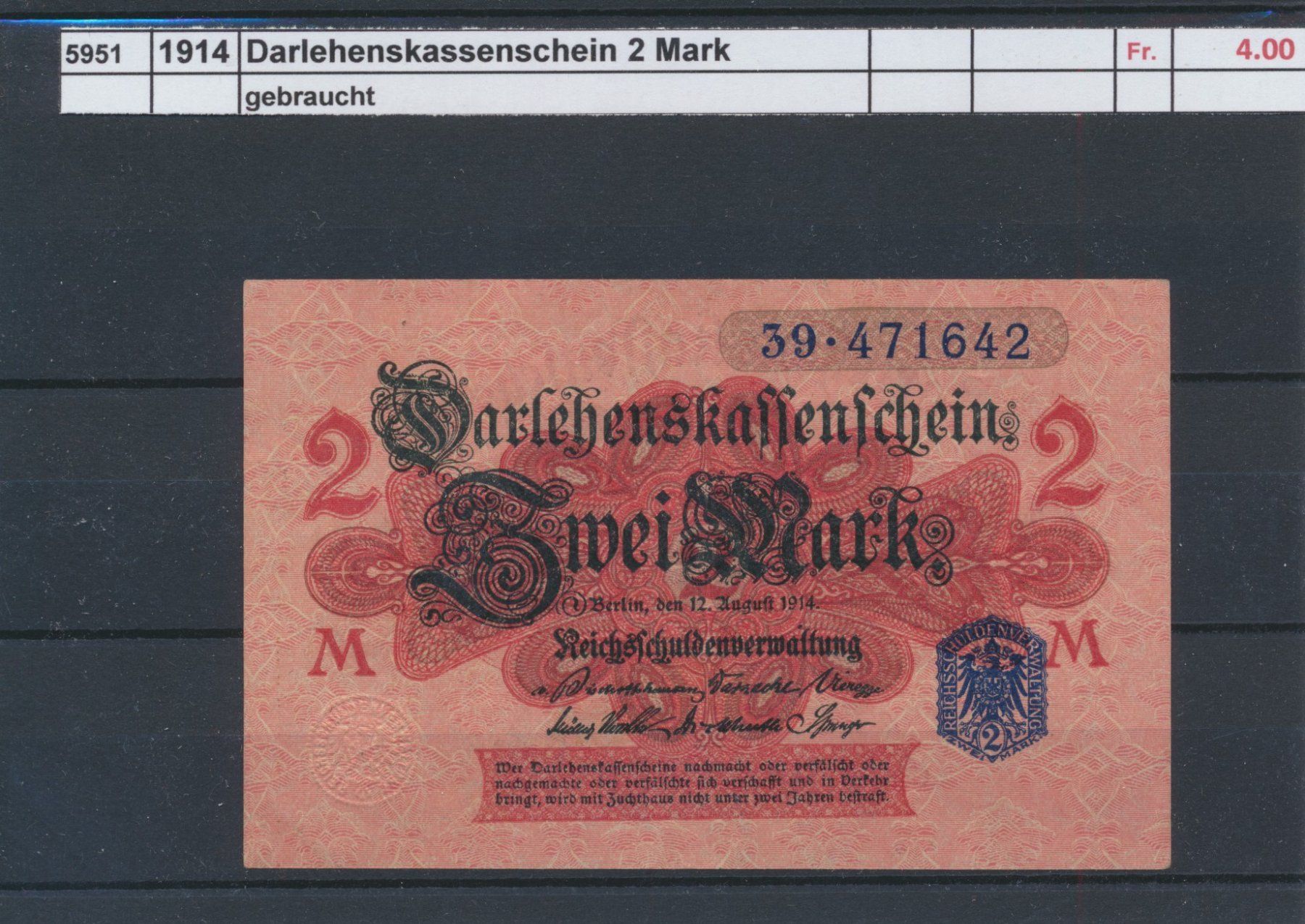 Banknoten: 1914 DR, "Darlehenskassenschein 2 Mark", gebraucht – Gebraucht aus Winterthur von Zupogeru
