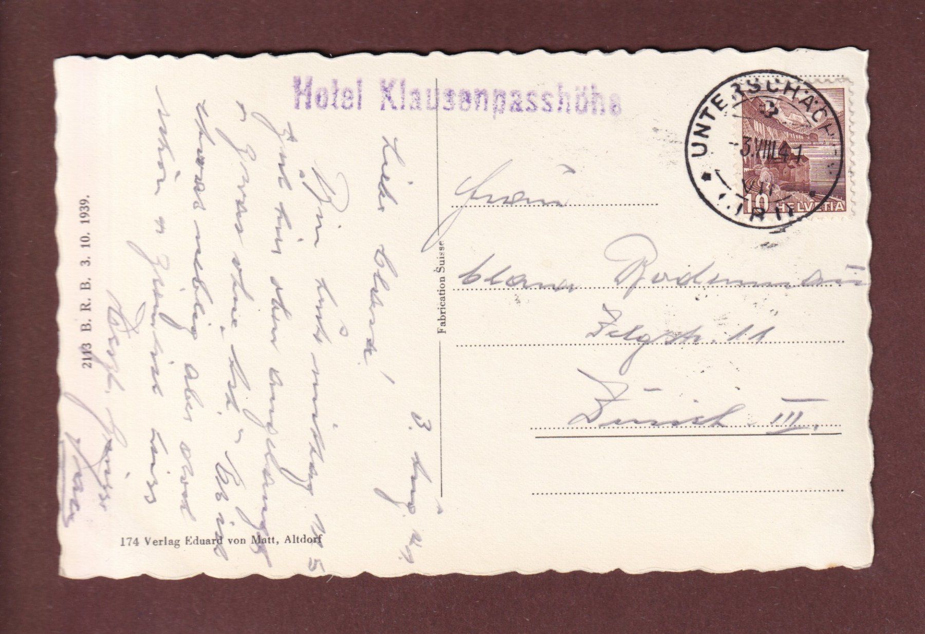 Cartoline postali: SCHÄCHENTHALER WINDGÄLLE - 1941 – Usato da Pully venduto da nicecards-shop 1