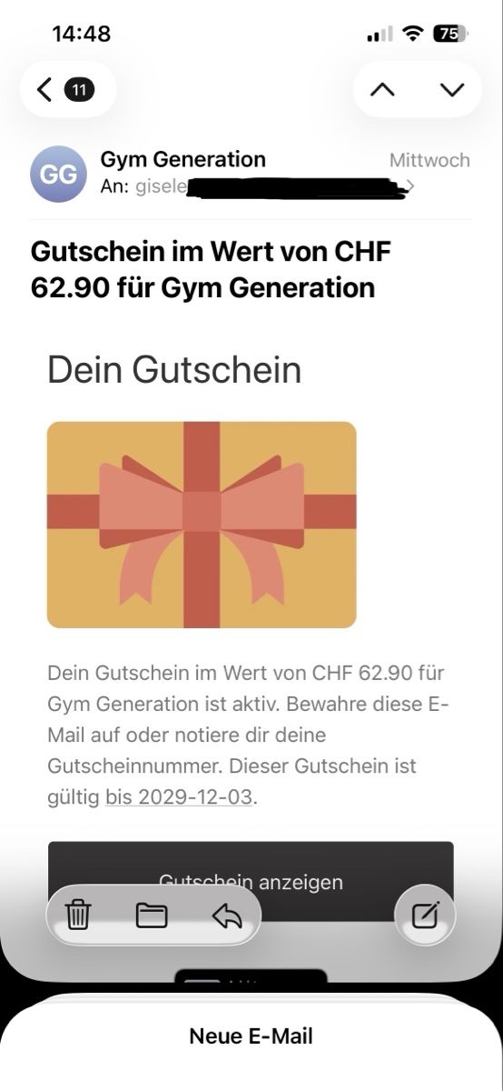 Gutscheine: Gym Generation Gutschein CHF 62.90 gültig bis 03.12.2029 – Neu und originalverpackt aus Dübendorf von Gisele02