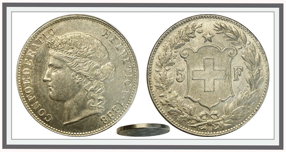 Tutti le monete: Suisse_ 5 Francs 1888 "Falsification" – Difettoso da Martigny venduto da Numis-World