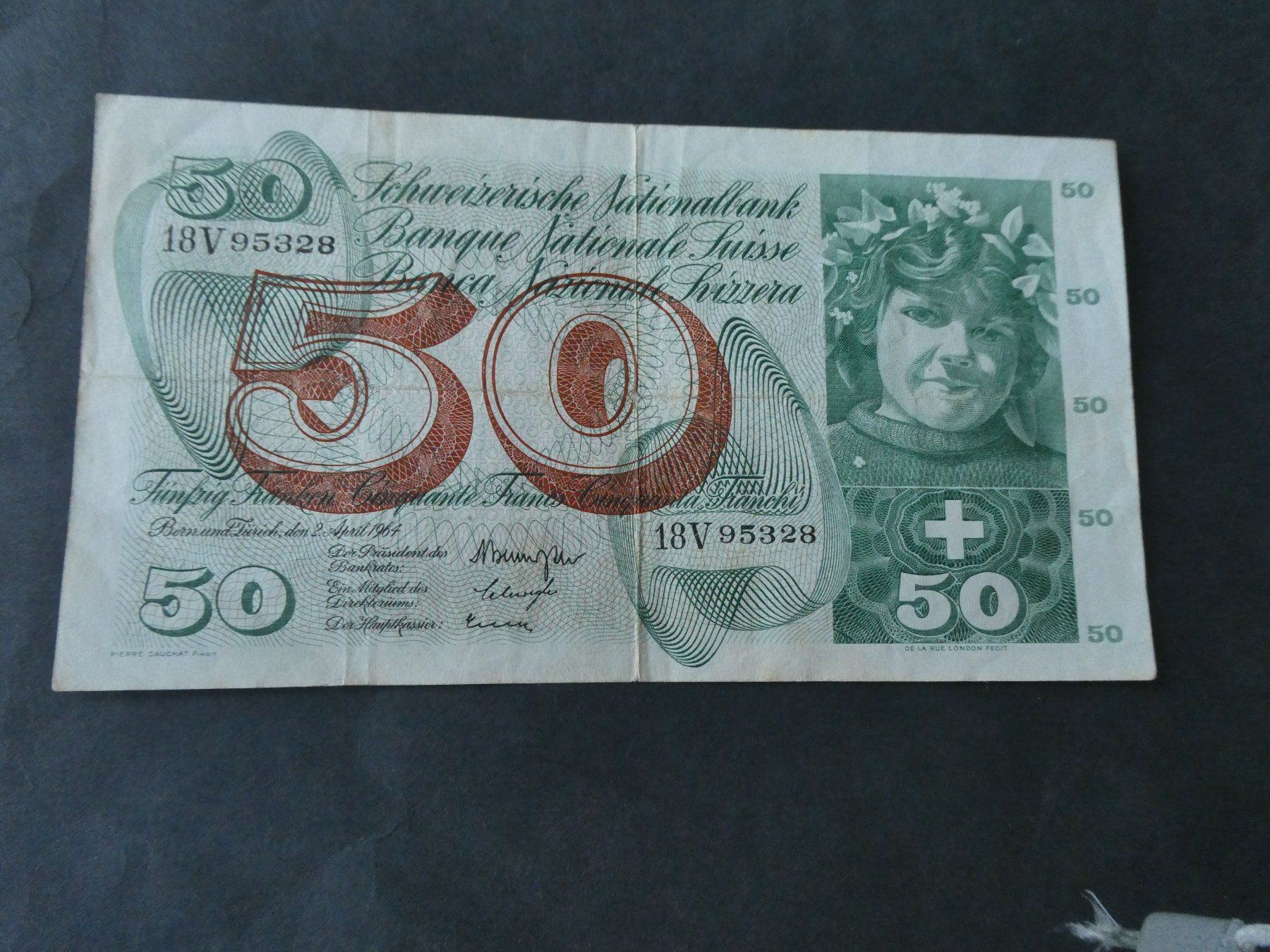 Banknoten: Schweiz 1964, 50 Franken – Gebraucht aus Hinterforst von Rohusri
