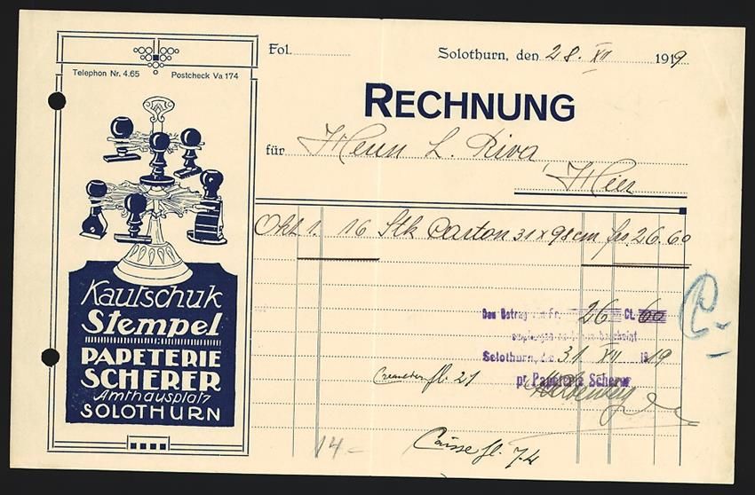 Sonstiges zum Sammeln & Seltenes: Rechnung Solothurn 1919, Papeterie Scher – Gebraucht aus Berlin von bartko-reher