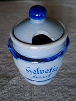 Altes Senftöpfchen Helvetia Steingut mit Deckel blaue Glasur