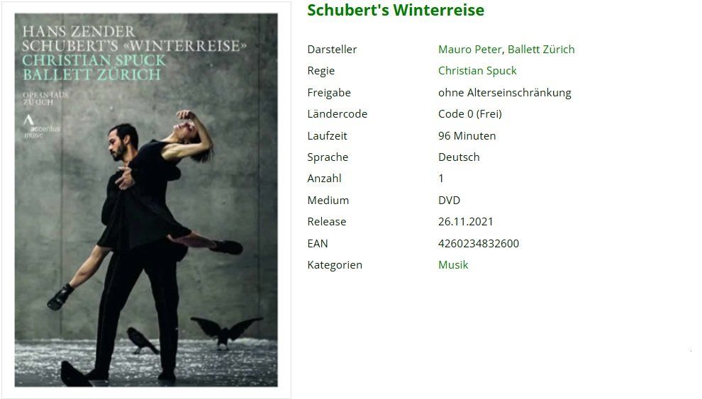 Tutti i DVDs: Schubert's Winterreise /NEU – Usato da Dietikon venduto da Ruempfli 1